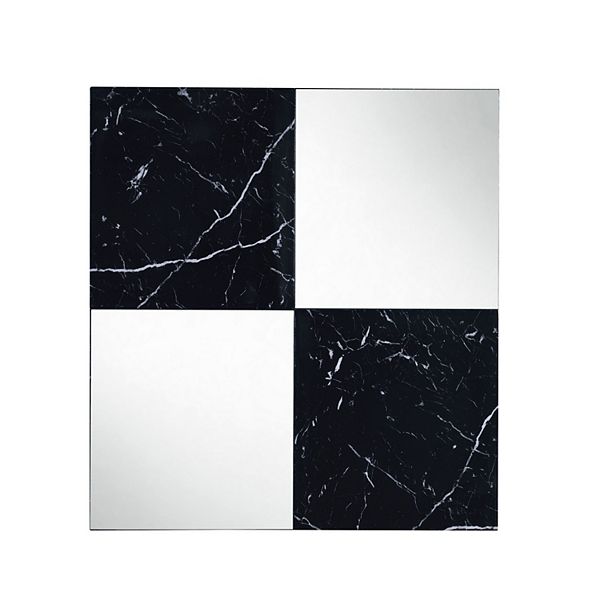 Contemporary Square Accent Wall Mirror with Faux Marble, Silver and Black Benzara