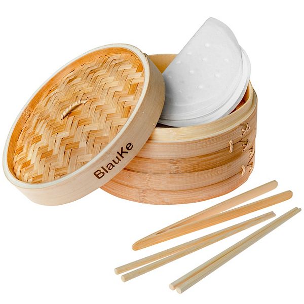 2-Tier Wooden Steamer Basket 10 Inch with 2 Pairs Chopsticks, Tongs and 50 Paper Liners Blauke