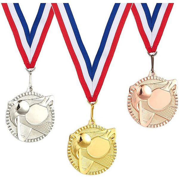 3-Piece Award Medals Set, Table Tennis Gold, Silver, Bronze Medals for Ping Pong Games, Competitions, Party Favors, 2.3 Inches in Diameter with 32-Inch Ribbon Juvale