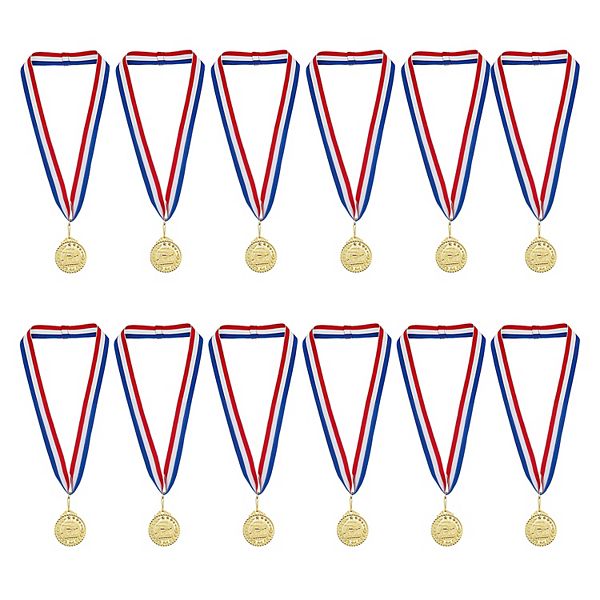 12 Pack Swimming Medals with Ribbons for All Ages, Gold Medals for Awards, 2 Inch Diameter with 15 Inch Ribbon Loop Juvale