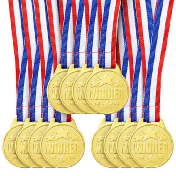 12 Pack Gold Winner Medals for Awards for Kids, 1.5" Diameter with Neck Ribbon for Sports Participation, Tournaments, Competitions Juvale