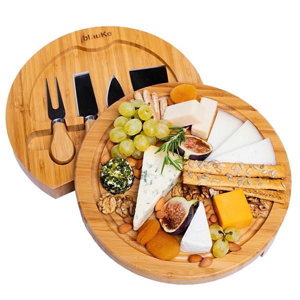 Wooden Cheese Board and Knife Set - 10 Inch Swiveling Charcuterie Board with Slide-Out Drawer Blauke