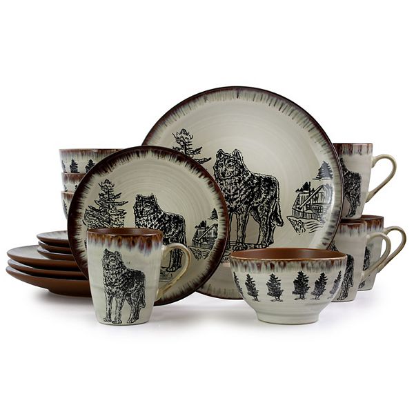 Elama Majestic Wolf 16 Piece Luxurious Stoneware Dinnerware with Complete Setting for 4 Elama