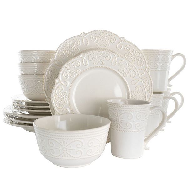 Elama Luna 16 Piece Embossed Scalloped Stoneware Dinnerware Set in White Elama