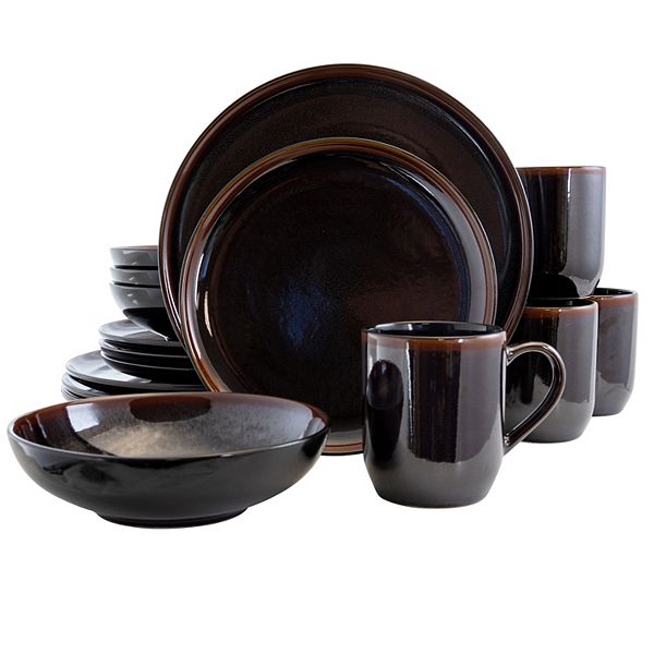 Elama Midnight Beach 16 Piece Dinnerware Set in Metallic Black Elama