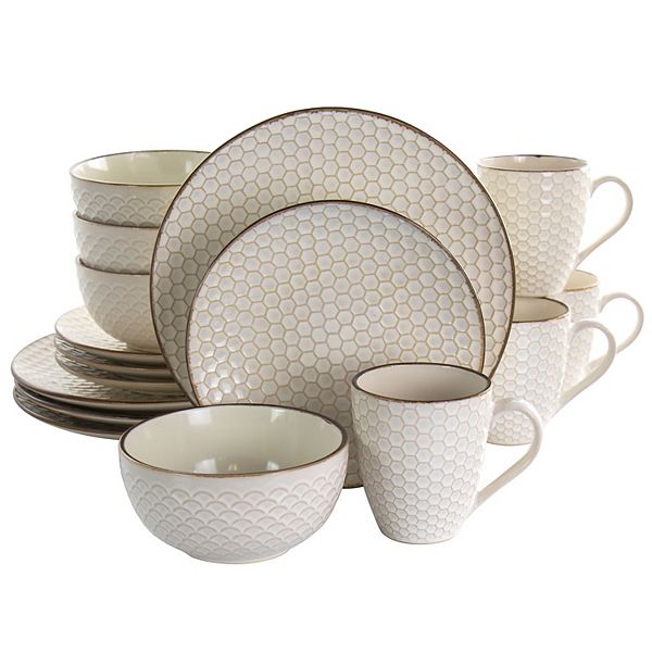 Elama Honey Ivory 16 Piece Stoneware Dinnerware Set in Ivory Elama