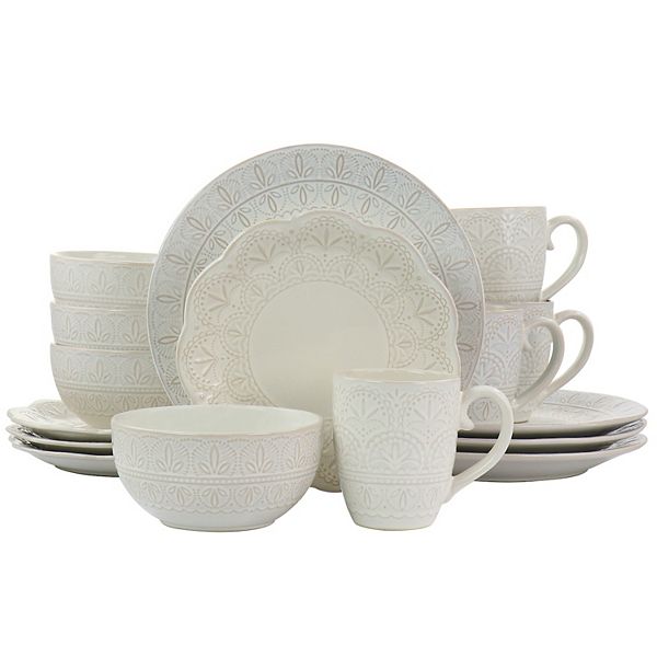 Elama White Lace 16 Piece Luxurious Stoneware Dinnerware with Complete Setting for 4 Elama