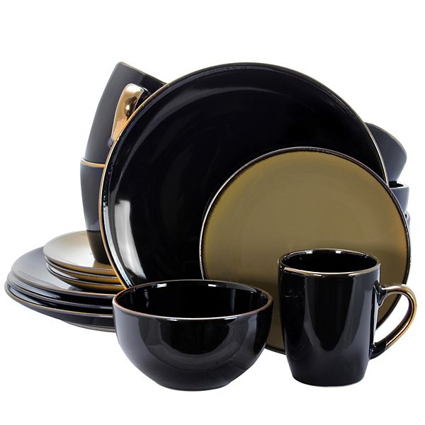 Elama Cambridge Grand 16-Piece Dinnerware Set in Luxurious Black and Warm Taupe with Complete Setting for 4 Elama