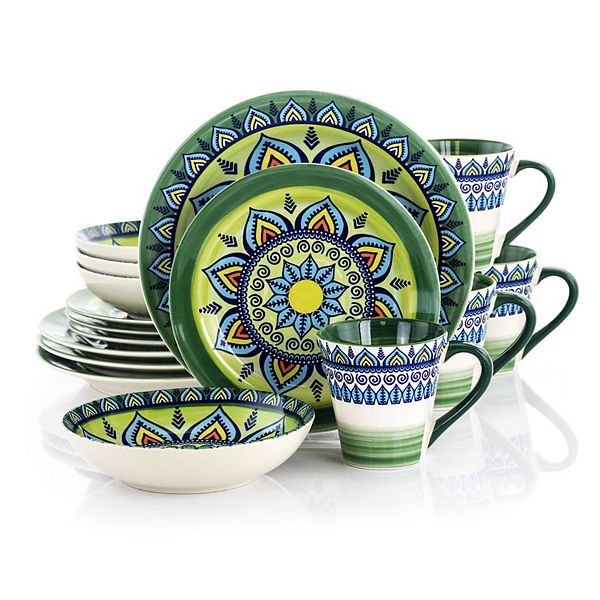 Elama Zen Green Mozaik 16 Piece Luxurious Stoneware Dinnerware with Complete Setting for 4, 16pc Elama