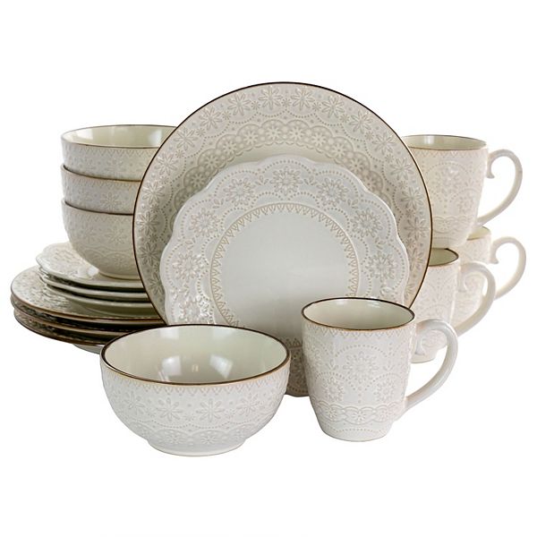 Elama Contessa 16 Piece Embossed Scalloped Stoneware Dinnerware Set in Ivory Elama