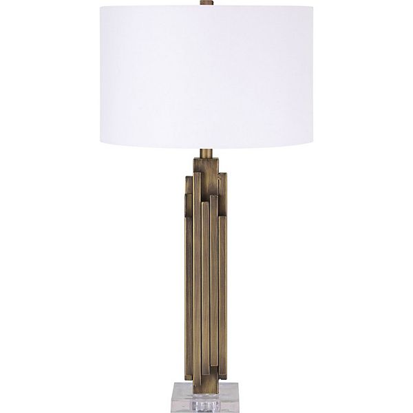 31" Antique Brass Forged Pillar Table Lamp with White Drum Shade Signature Home Collection