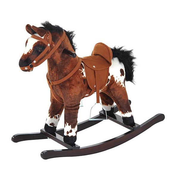 Qaba Kids Metal Plush Ride On Rocking Horse Chair Toy With Realistic Sounds   Dark Brown/White Qaba