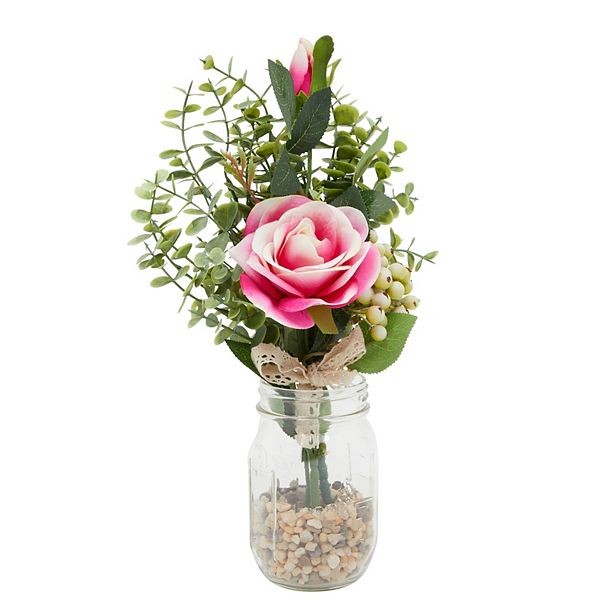 Pink Rose and Eucalyptus Flower Bouquet, Artificial Floral Arrangement 14 x 7 In Farmlyn Creek