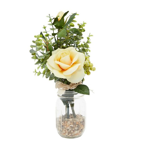 Yellow Rose and Eucalyptus Flower Bouquet, Artificial Floral Arrangement 14 x 7" Farmlyn Creek