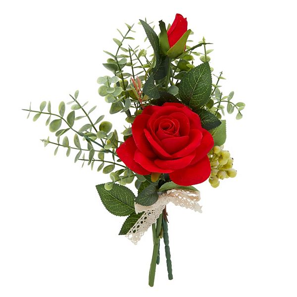 Red Rose and Eucalyptus Flower Bouquet, Artificial Floral Arrangement (14 x 7") Farmlyn Creek