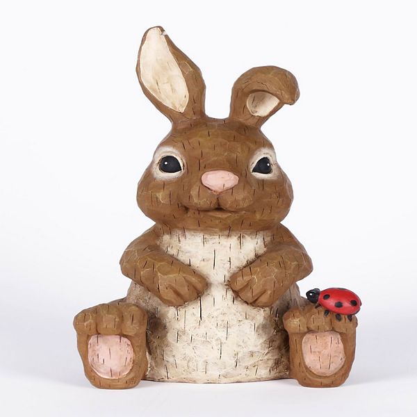 12" Brown and Red Rabbit Sitting with Ladybug Garden Statue Hi-Line Gifts