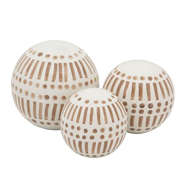 Set of 3 Tan Brown and White Ceramic Round Orbs Tabletop Decor 6" Kingston Living