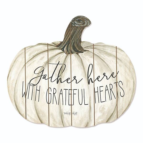 17" Ivory and Brown "Gather Here with Grateful Hearts" Hanging Pumpkin Thanksgiving Wall Decor Penny Lane Publishing