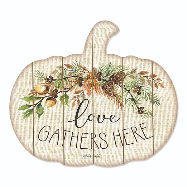 17" Ivory and Brown "Love Gathers Here" Hanging Pumpkin Thanksgiving Wall Decor Penny Lane Publishing