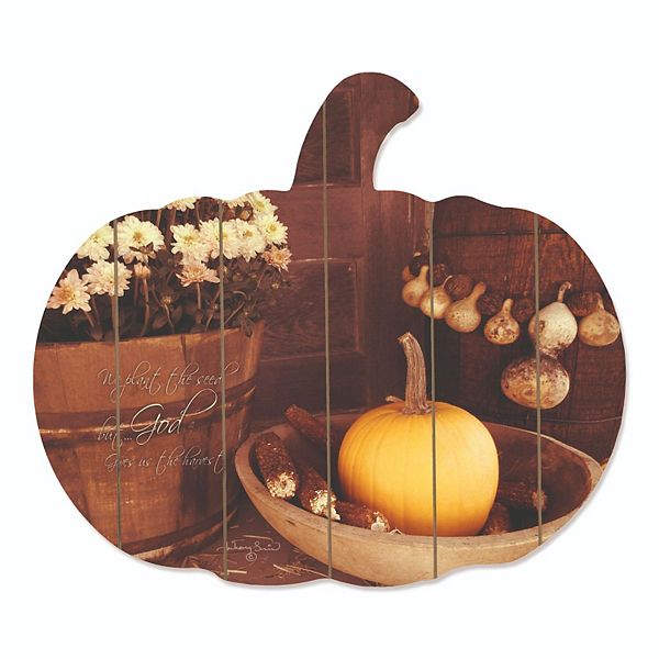 17" Brown and Yellow "God Gives Us the Harvest" Hanging Pumpkin Thanksgiving Wall Decor Penny Lane Publishing