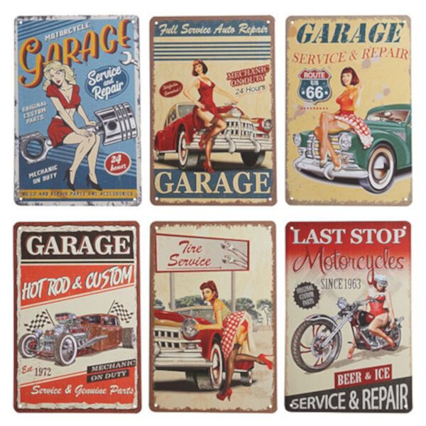 Okuna Outpost Vintage Metal Signs for Garage, Retro Wall Decor (8 x 11.8 in, 6 Pack) Okuna Outpost