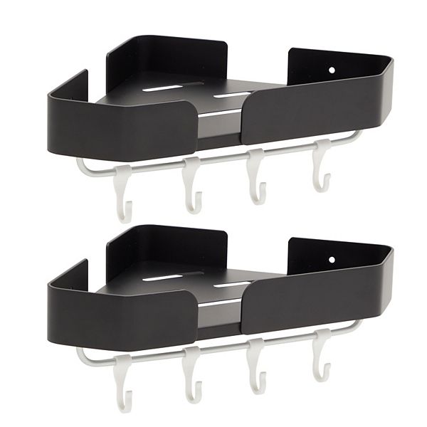 Bathroom Corner Shelves with Hooks, Wall Mounted Shower Caddy (12.5 x 8.2 In, Black, 2 Sets) Juvale