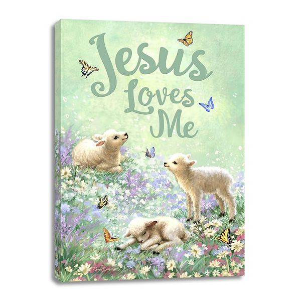 Green and White 'Jesus Loves Me' Rectangular Canvas Wall Art Decor 24" x 18" Glow Decor