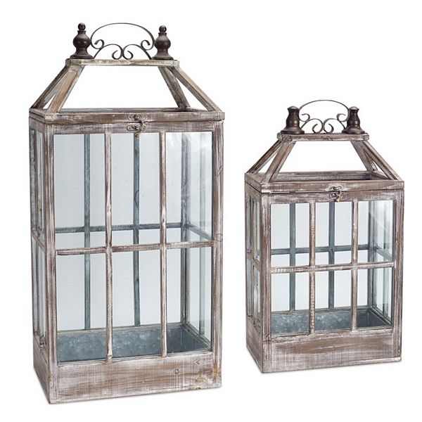 Set of 2 Coffee Brown Distressed Finish Vintage Style Lantern 31.5" Diva At Home