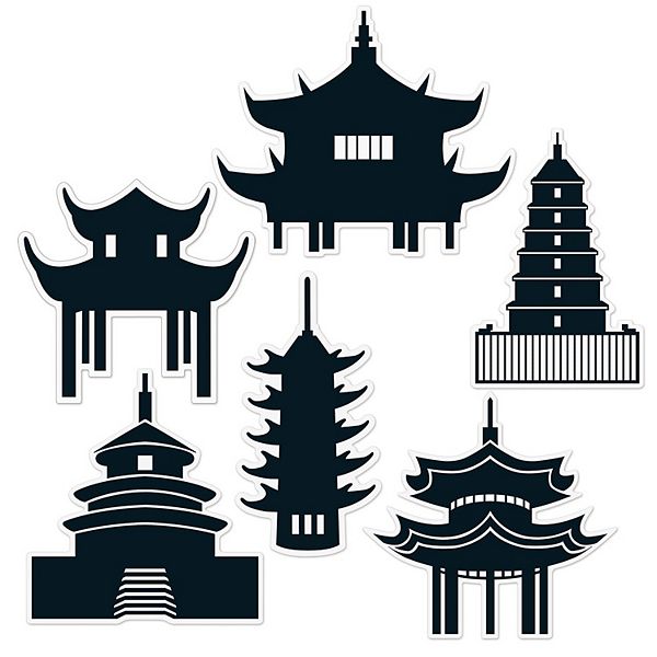 Club Pack of 12 Black Traditional Asian Pagoda Silhouette Wall Cutouts Decors 14.5" Party Central