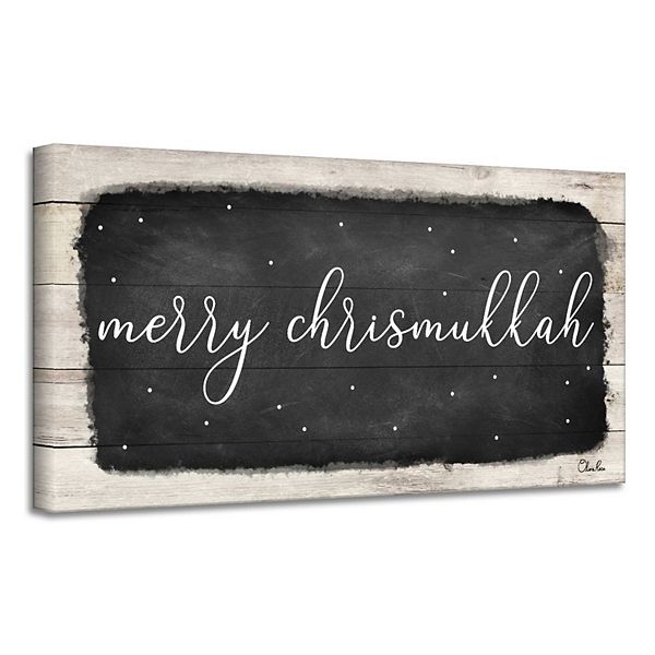 Black and Beige 'Merry Chrismukkah' Hanukkah Canvas Wall Art Decor 18" x 36" Crafted Creations