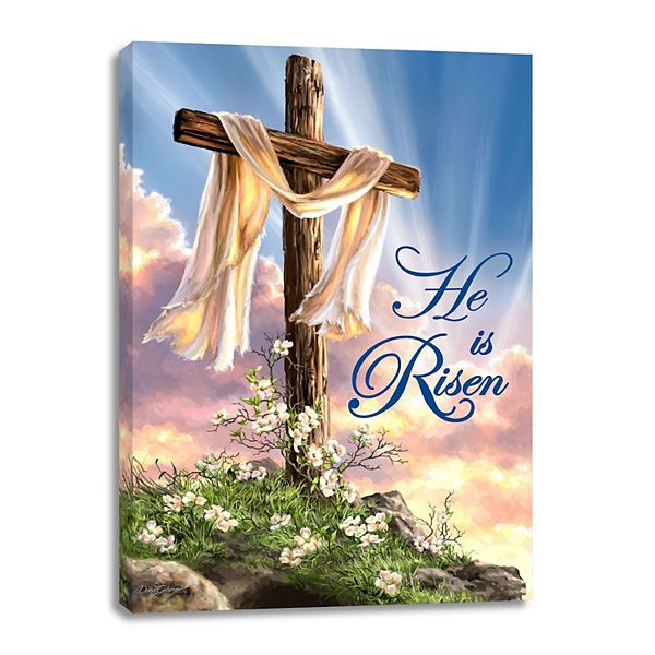 Blue and Brown 'He Is Risen' Rectangular Canvas Wall Art Decor 14" x 10" Glow Decor