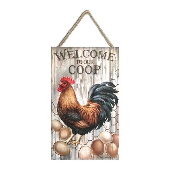 Brown and Gray Rooster Rectangular Wall Sign with Rope Hanger 10" x 6" Glow Decor