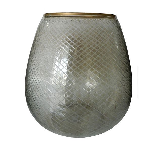 15.75" Gray Cross Cut Glass Pillar Candle Holder with Gold Rim A&B Home