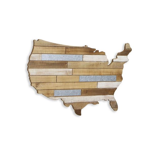 31" Brown Galvanized Striped USA Map Wall Sign Contemporary Home Living