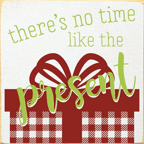 7" Red and Green "There's No Time Like the Present" Plaid Gift Box Wall Sign Contemporary Home Living