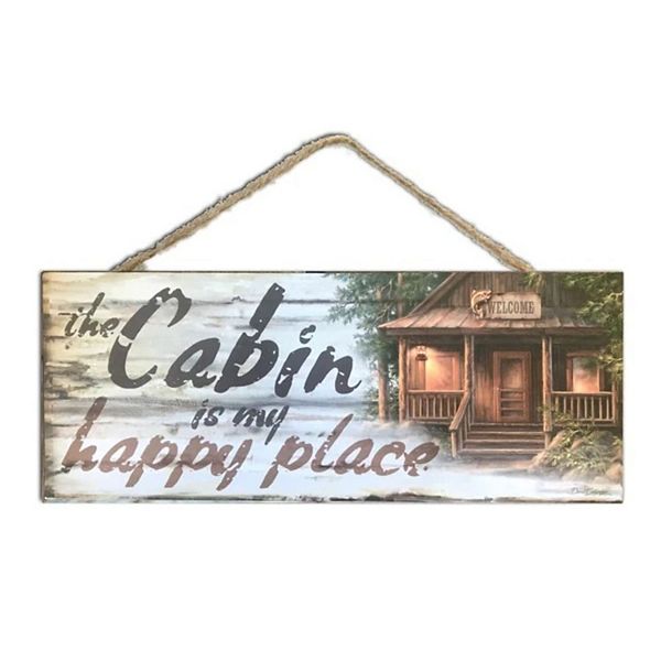 Gray and Brown Cabin Happy Place Rectangular Wall Sign with Rope Hanger 4" x 10" Glow Decor