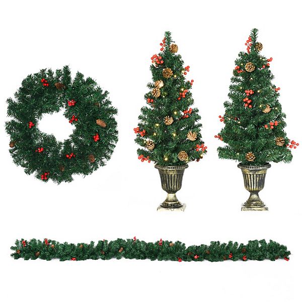 Prelit Holiday Christmas 4 Pc Set, Garland Wreath And Set Of 2 Entrance Trees HomCom