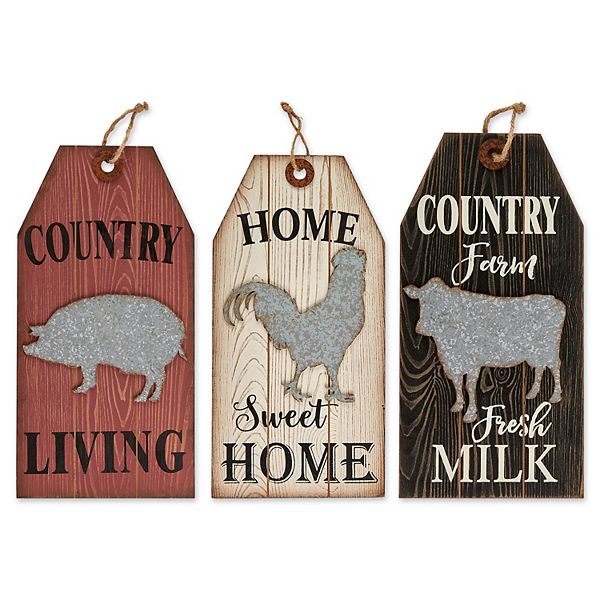 Set of 3 Black and Red Tag Farmhouse Signs 16" Contemporary Home Living