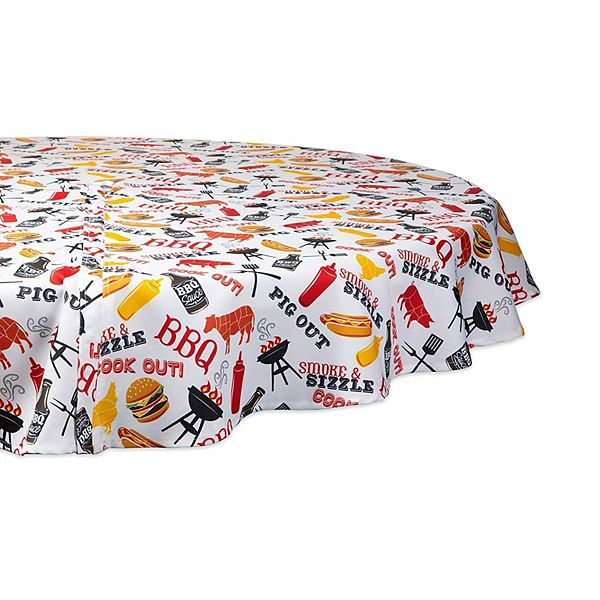 60" White and Yellow Barbeque Themed Round Outdoor Tablecloth with Zipping Contemporary Home Living