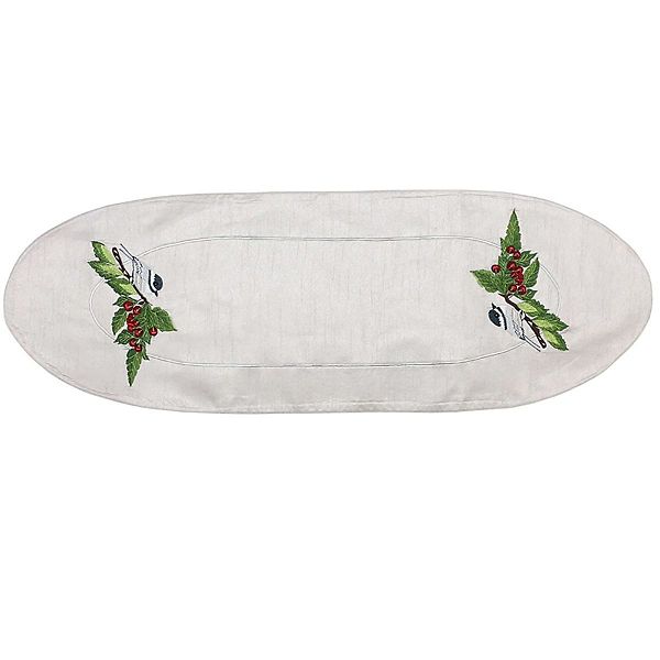 12" x 36" White and Green Chickadee and Cherries Contemporary Table Runner Crafted Creations