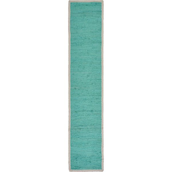 80" Turquoise and Cream Hand Woven Bordered Rectangular Table Runner Laddha Home Designs