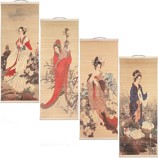 4 Pack Hanging Chinese Painting Wall Scroll for Chinese Room Decor (10 x 26 In) Juvale