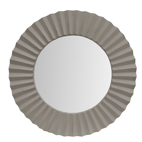 32 Inch Round Beveled Floating Wall Mirror with Corrugated Design Wooden Frame, Gray Benzara