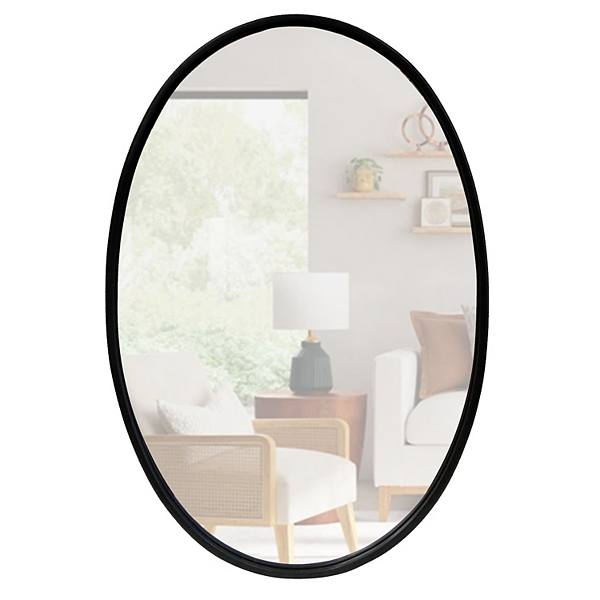 Oval Metal Wall Mirror with Framed Edges and Wooden Backing, Black Benzara