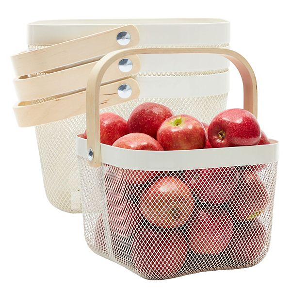 4 Pack Mesh Fruit Basket with Wooden Handles, Square, White, 9.5 x 9.5 x 7 In Juvale