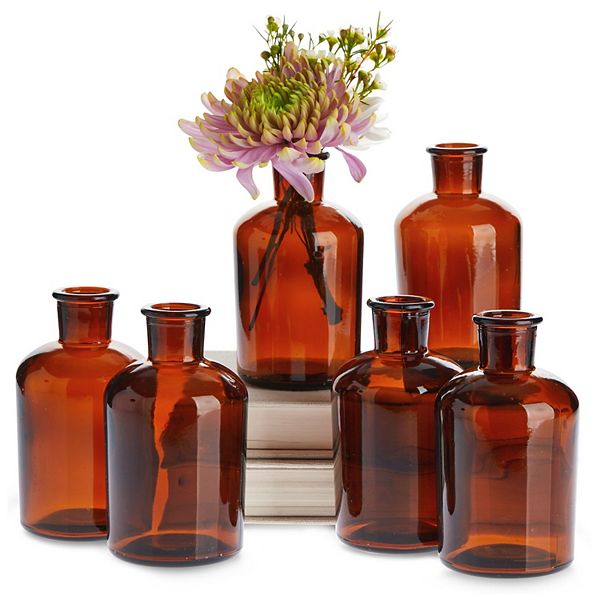 6 Pack Amber Glass Decorative Bottles, 7.5 oz Bud Vases for Flowers, Table Centerpieces, Essential Oils, Beauty Products, Home Decorations, Apothecary (2.5 x 4.8 In) Farmlyn Creek