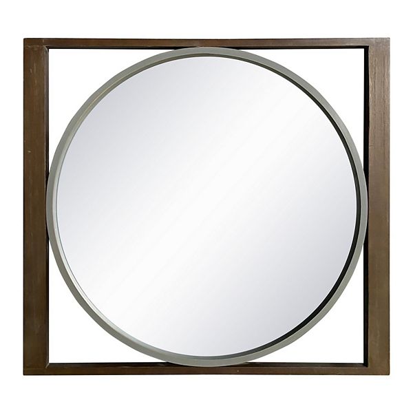 Round Wall Mirror with Rectangular Wooden Frame, Brown Benzara