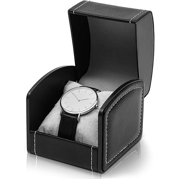 Single Grid Wrist Watch Box with Pillow (Black, Faux Leather) Juvale