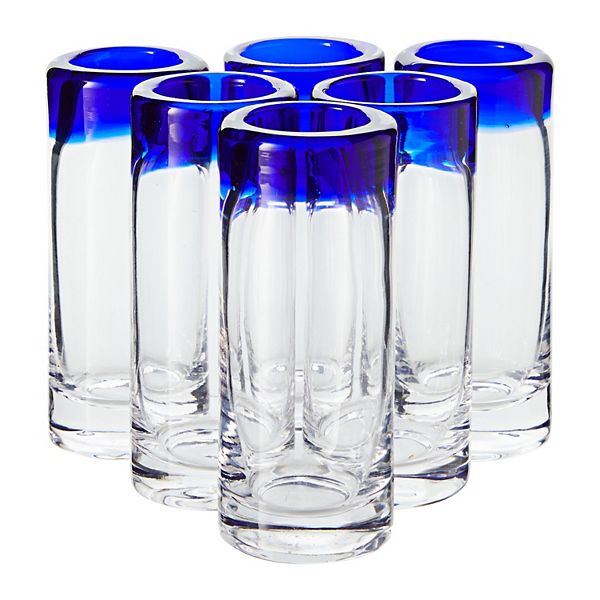 Set of 6 Hand Blown Mexican Double Shot Glasses, 2oz Cobalt Blue Rim Tequila Sipping Set Okuna Outpost