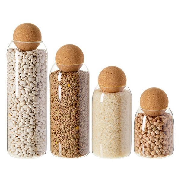 Set of 4 Cork Ball Lid Glass Jars, Tall Food Storage Containers for Pantry, Coffee Storage (4 Sizes) Juvale